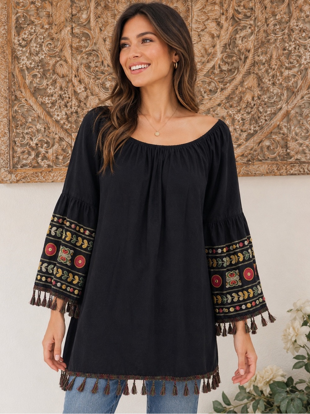 Velzera Black Boho Embroidered Tassel Trim Tunic Blouse- size L - Picture 8 of 16